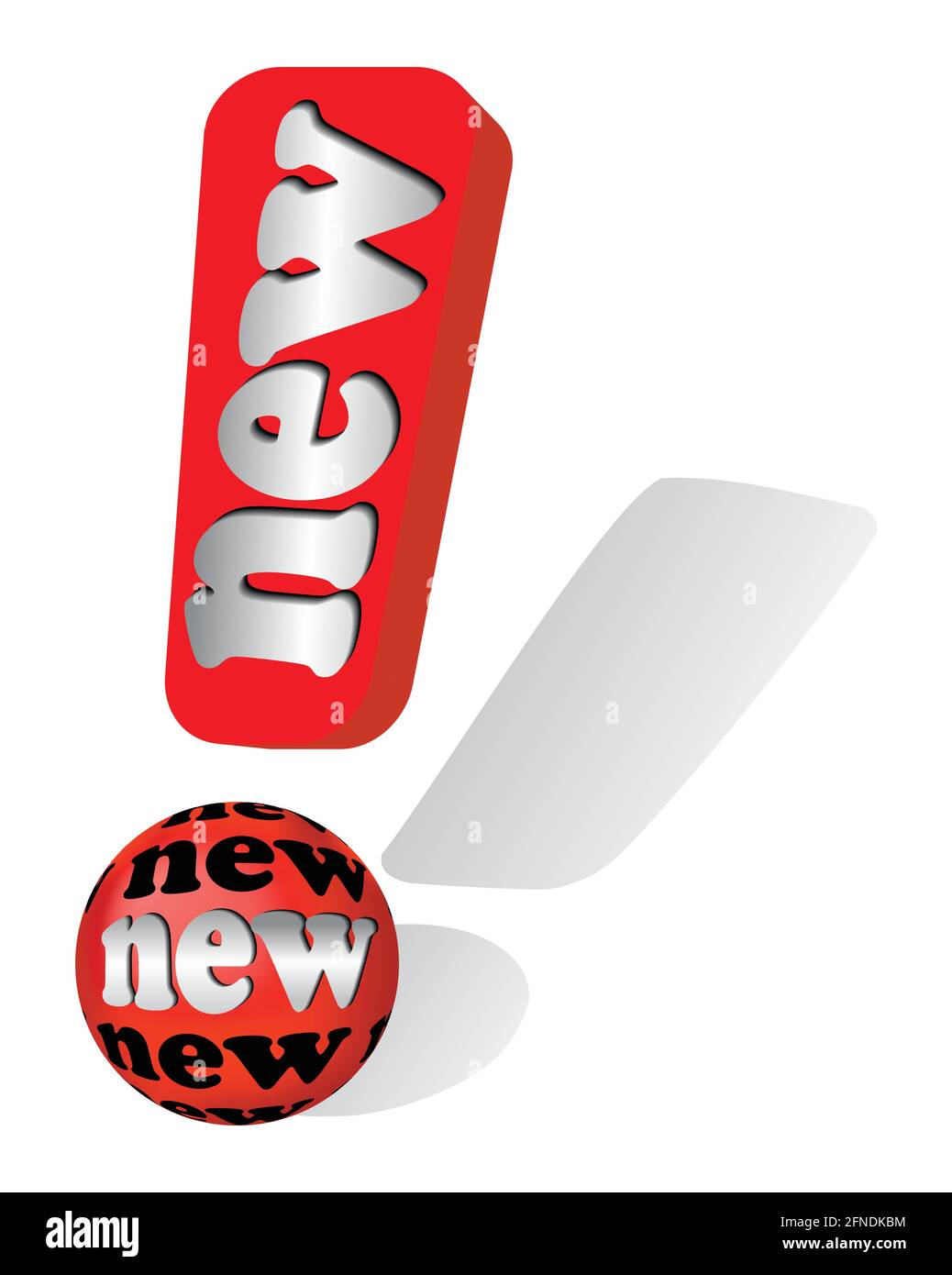 Etikett für neue Produkte in Form 3D-Ausrufezeichen mit Inschrift neu und Schatten Stock Vektor