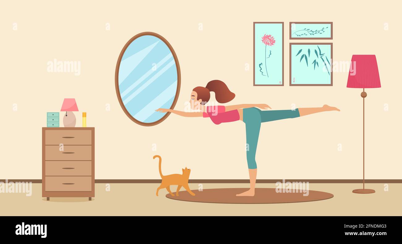 Junge Frau am Morgen Yoga Sport Workout Aktivität Vektor Illustration. Cartoon aktive Mädchen Charakter in Sportswear tun Gymnastik Übung Stretching Körper in Haus Innenraum des Wohnzimmers Hintergrund Stock Vektor