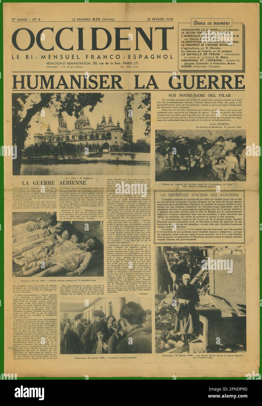 Guerra civil española (1936-1939). Portada del Periódico nacional franco-español Okzident, editado en París, febrero de 1938. Stockfoto