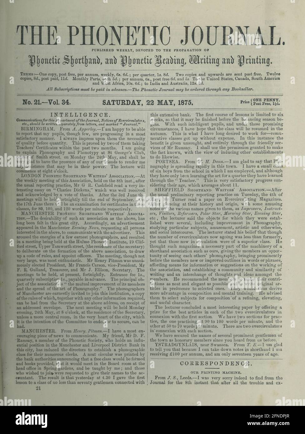Inglaterra. Portada del Periódico The Phonetic Journal, editado en Londres, Mayo de 1875. Stockfoto