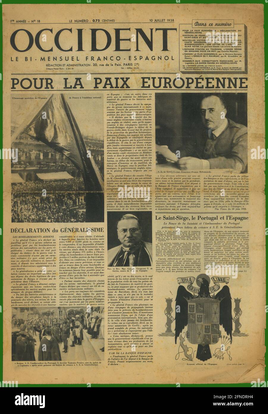 Guerra civil española (1936-1939). Portada del Periódico nacional franco-español Okzident, editado en París, julio de 1938. Stockfoto