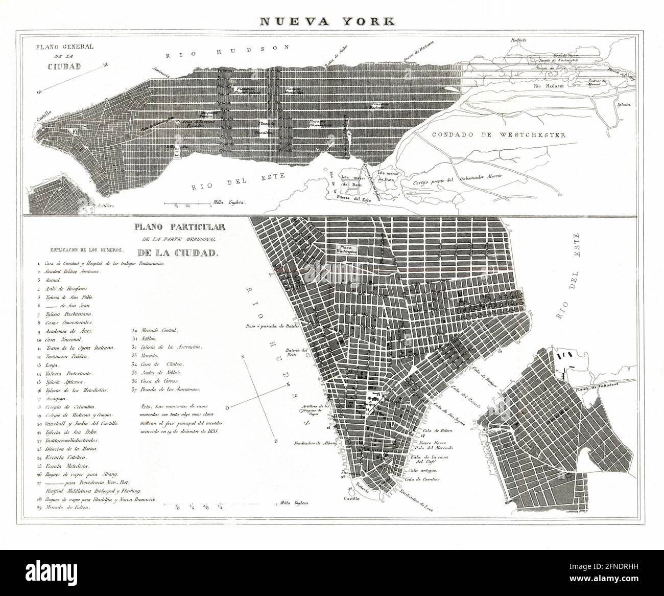 Plano General de la ciudad de New York, y plano particular de la parte meridional de Manhattan. Grabado de 1870. Stockfoto