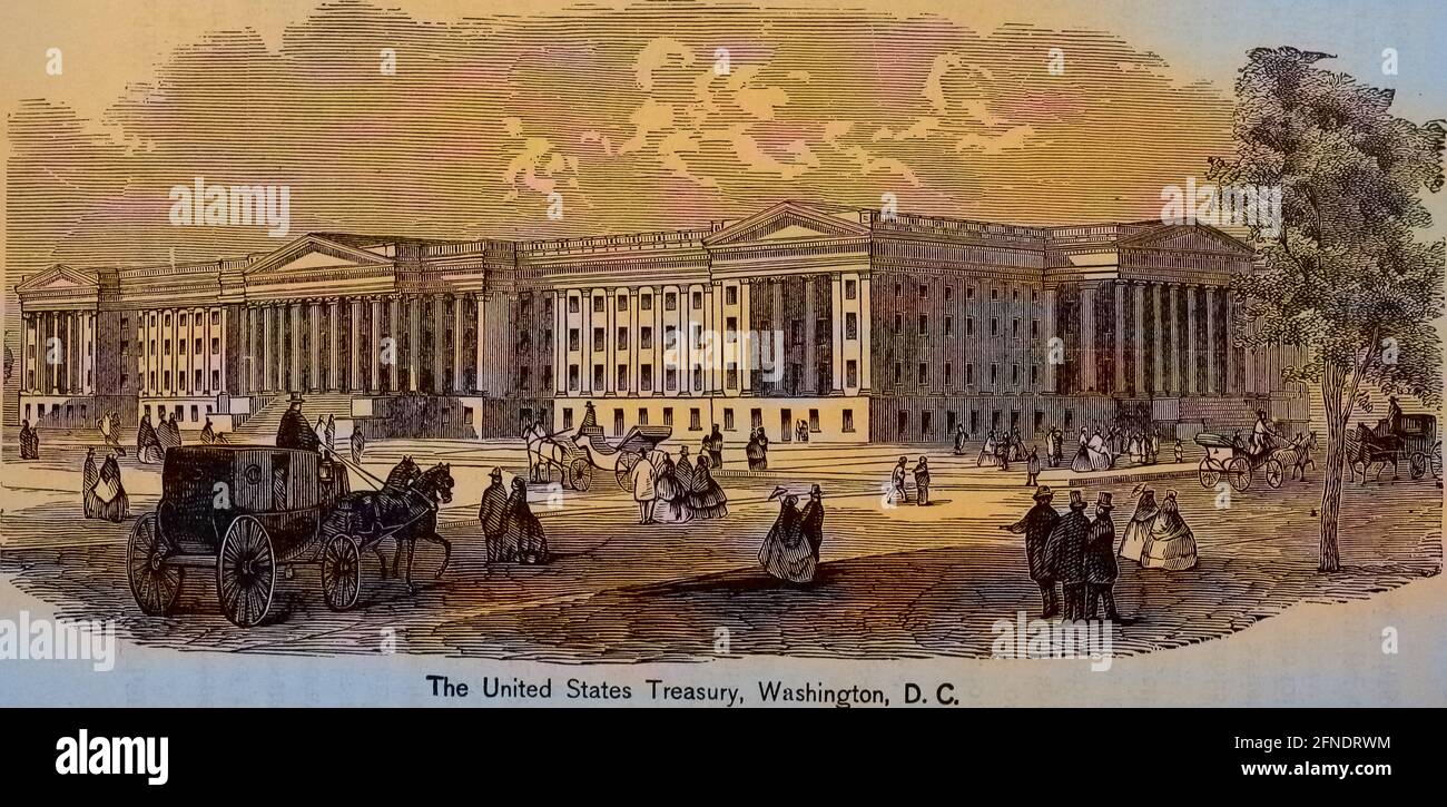 Gravur des US-Finanzgebäudes in Washington, District of Columbia, aus dem Buch 'die politische Geschichte der Vereinigten Staaten' von James Penny Boyd, 1888. Courtesy Internet Archive. Hinweis: Das Bild wurde mit einem modernen Verfahren digital eingefärbt. Die Farben sind möglicherweise nicht zeitgenau. () Stockfoto