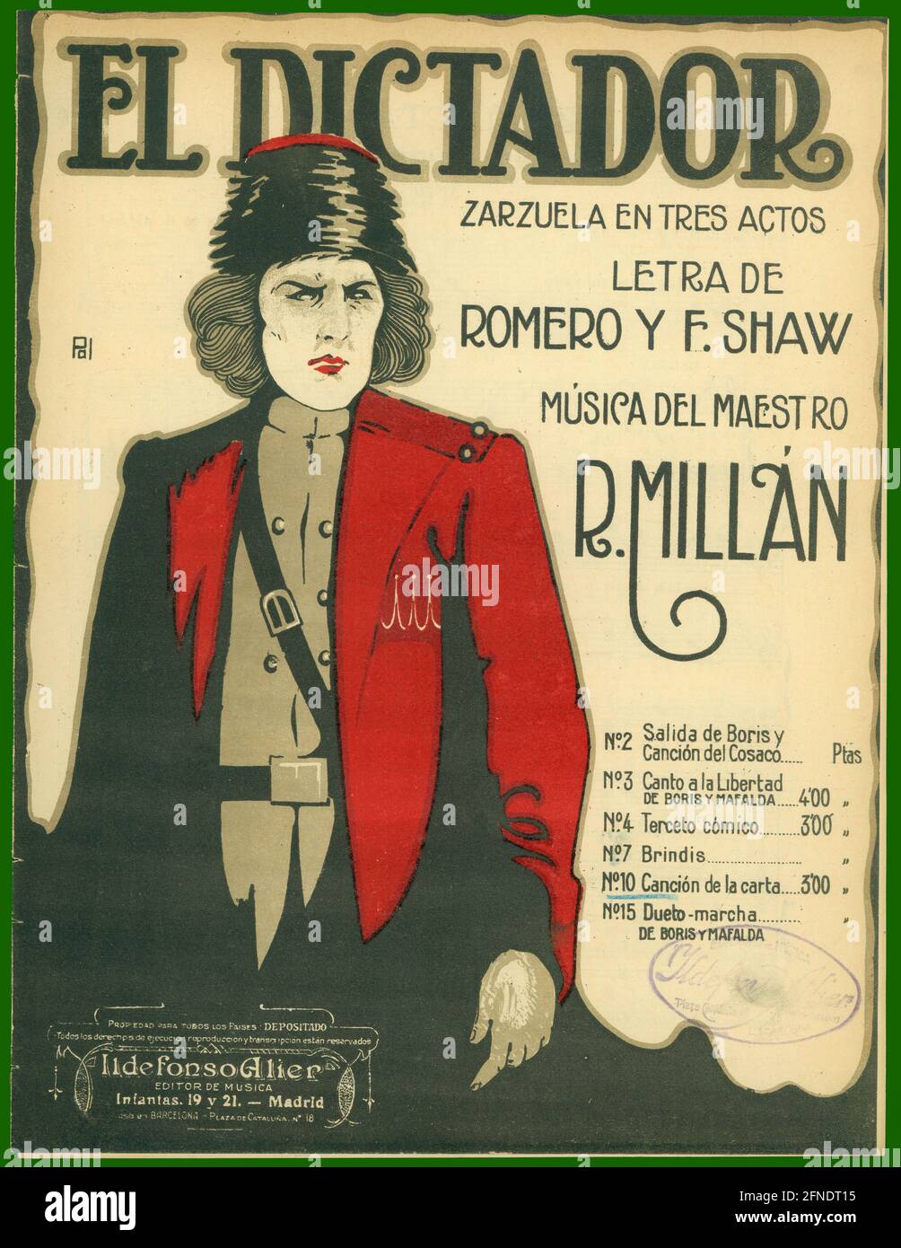 Partitura Musical de la zarzuela El dictador, de R. Millán. Año 1920. Stockfoto