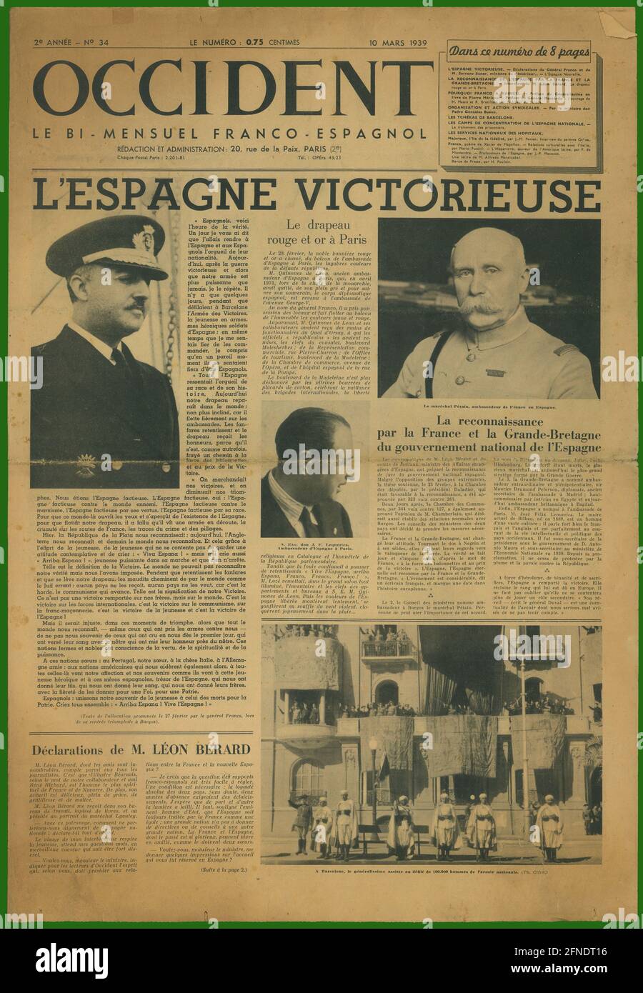 Guerra civil española (1936-1939). Portada del Periódico nacional franco-español Okzident, editado en París, marzo de 1939. Stockfoto