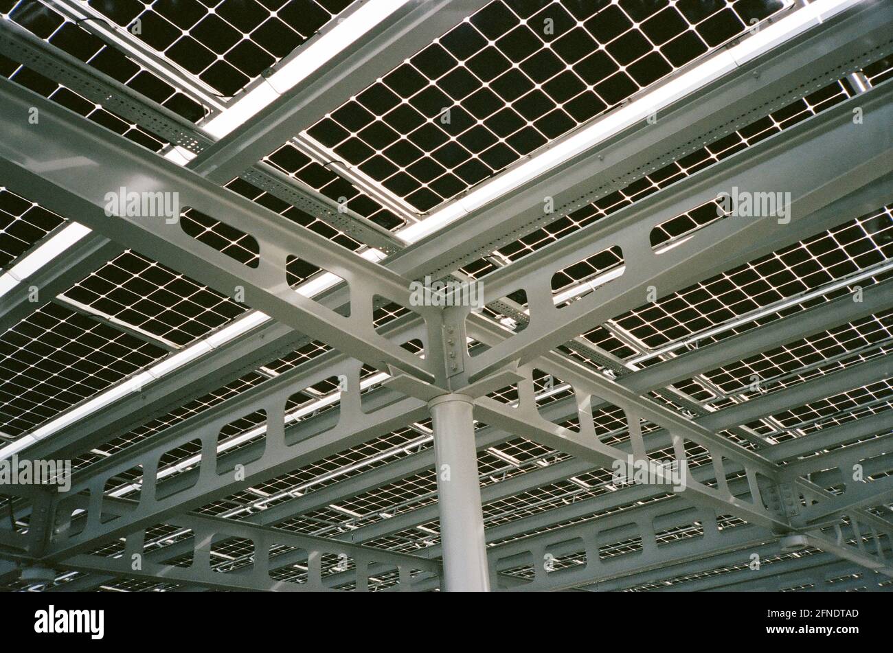 Unterseite einer Reihe von Sonnenkollektoren, San Ramon, Kalifornien, 2020. () Stockfoto