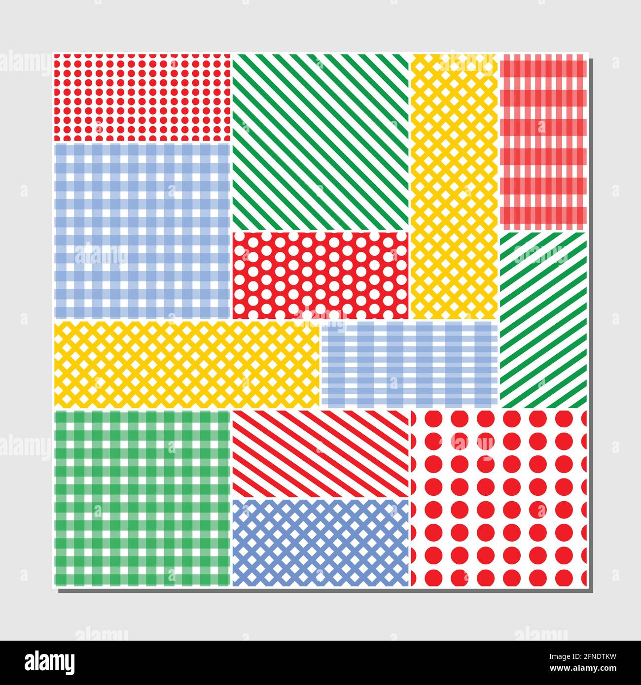 Patchwork-Kacheln aus gepunkteten, gestreiften und karierten Rechtecksfeldern. Stock Vektor