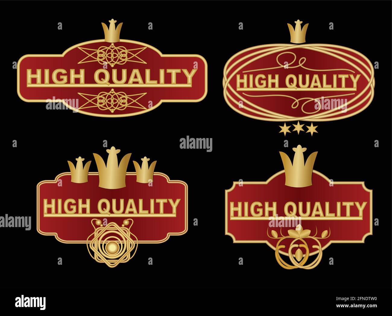 Set aus hochwertigem Label in dunkelrot und Gold Design mit grafisch verzierten Elementen, königlicher Krone, Sternen. Hochwertige Vintage-Sticker im Vektor eps 1 Stock Vektor