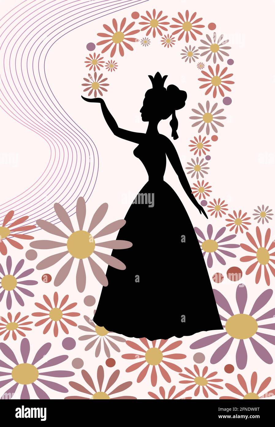 Silhouette einer Dame mit königlicher Krone, die Blumen über ihren Kopf wirft. Romantisches Frühlingsmotiv mit Frühlingskönigin in zartem Pink und Lila. Wunderschön Stock Vektor
