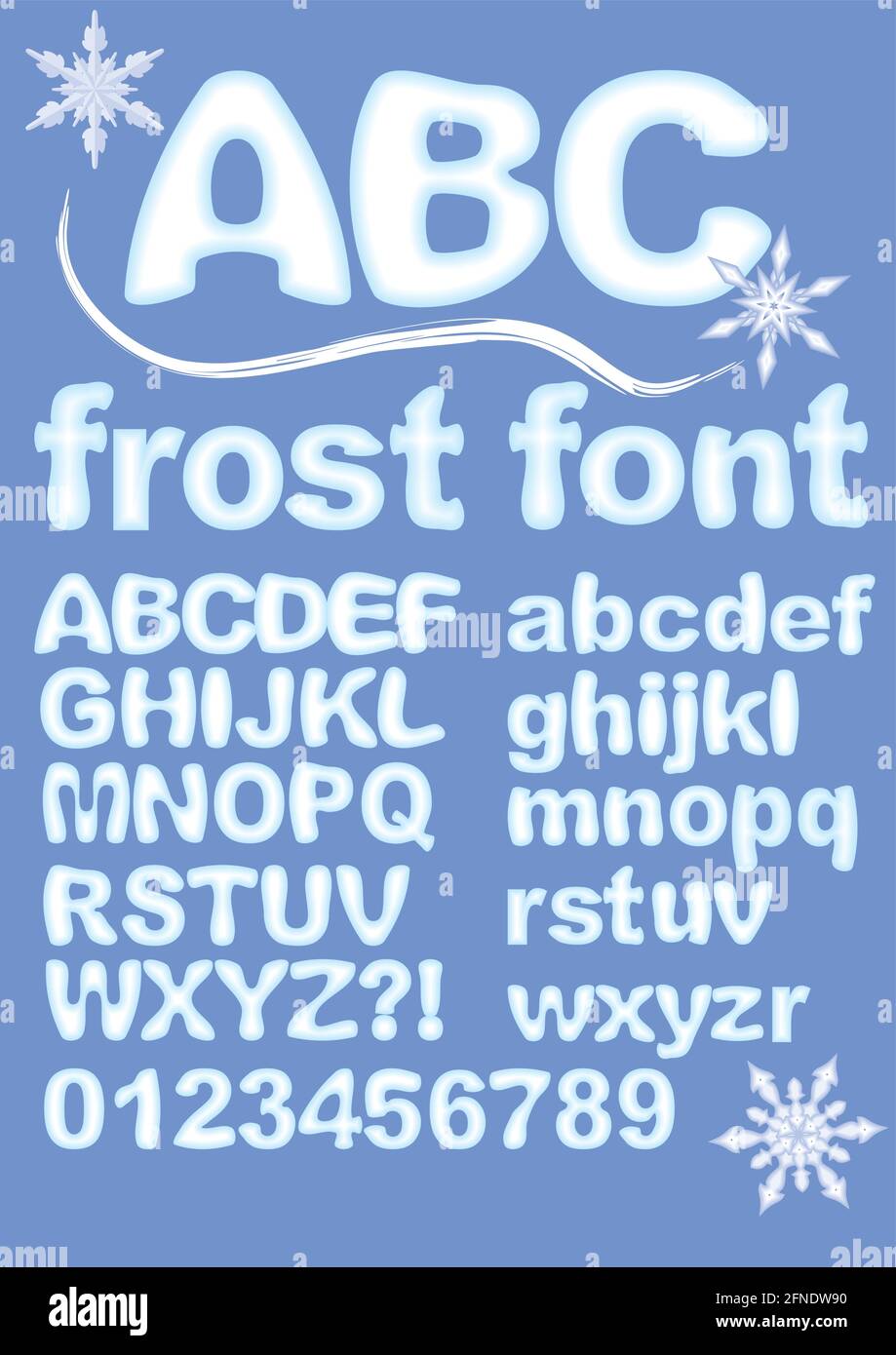 Alphabet im Eis-Design. Groß-, Kleinbuchstaben, Zahlen, Ausrufezeichen und Fragezeichen für Winterdesign. Schneeflocke Formen enthalten. Grunge-Rundchar Stock Vektor