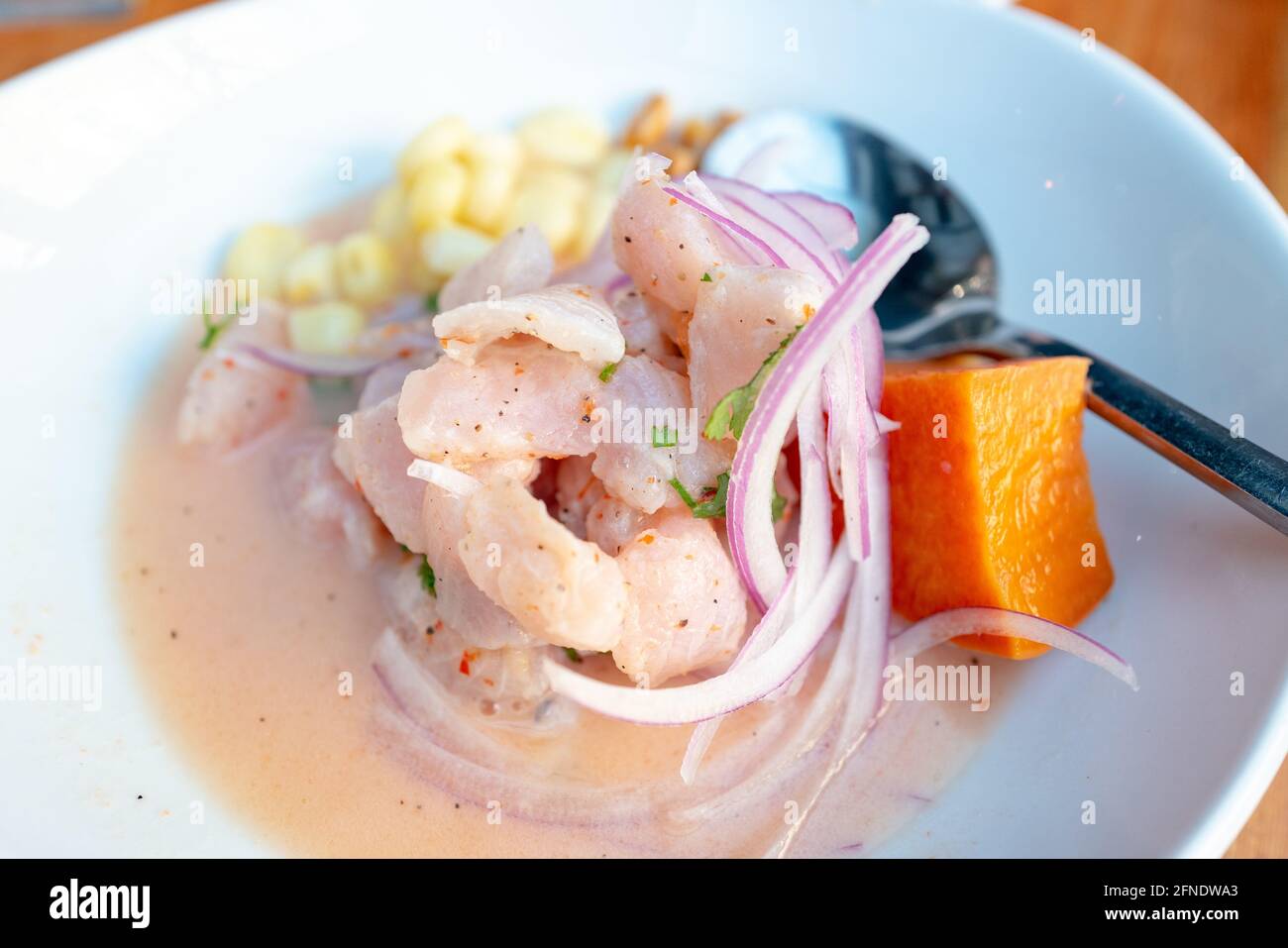 Nahaufnahme des peruanischen Gerichts Cebiche Pescado mit frischem Fisch und rasierten Zwiebeln im Parada Kitchen Peruvian Restaurant in Walnut Creek, Kalifornien, Februar 2021. () Stockfoto