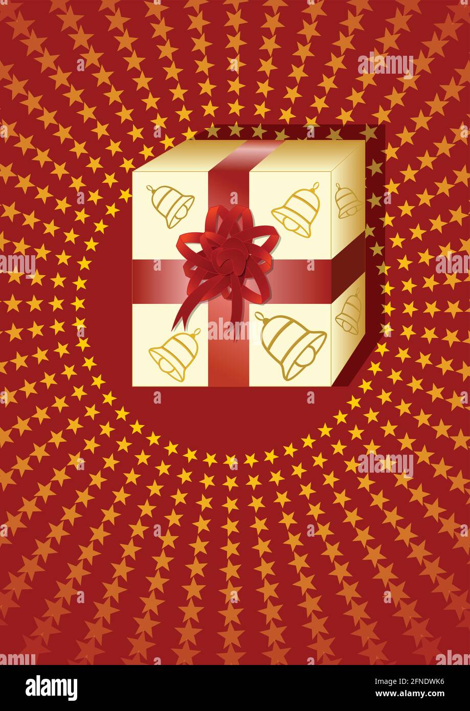 Geschenkschablone für Weihnachten - verpacktes Geschenk mit karmesinrotem Band auf dunkelrotem Hintergrund, verziert mit gelben kleinen Sternen. Werbeplakat für christm Stock Vektor