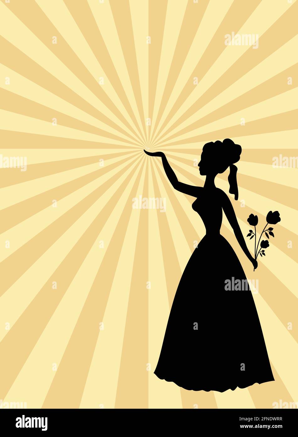 Frau schwarze Silhouette auf beige und Gold Strahlen gemusterten Hintergrund. Dame mit Rosenstrauß und erhobener Hand. Vorlage im alten Stil für Party oder Ball i Stock Vektor