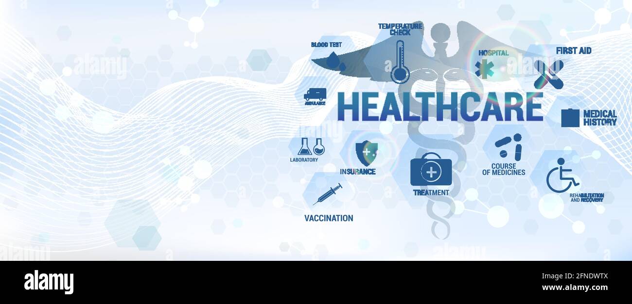 Blaues Healthcare-Konzept-Banner mit Symbolen und medizinischen Aspekten. Entwerfen Sie Banner im Wissenschaftsstil. Medizinische Vektordarstellung für die Diagnostik und Stock Vektor