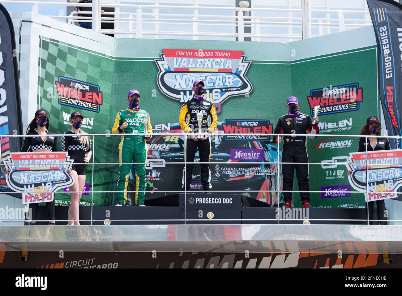 Ercoli Gianmarco von CAAL Racing, Thomas Ferrando von Academy Motorsport und Giorgio Maggi von Hendriks Motorsport im Einsatz während des Nascar Whelen Valencia Rennens die NASCAR Whelen Euro Series wurde 2008 gegründet und gründete dank einer langjährigen Partnerschaft mit NASCAR im Januar 2012 die offizielle NASCAR European Series (National Association for Stock Car Auto Racing). Die europäische NASCR feiert ihren einzigen Termin in Spanien auf dem Circuit Ricardo Tormo in Cheste, Valencia. (Foto von Xisco Navarro/SOPA Images/Sipa USA) Stockfoto