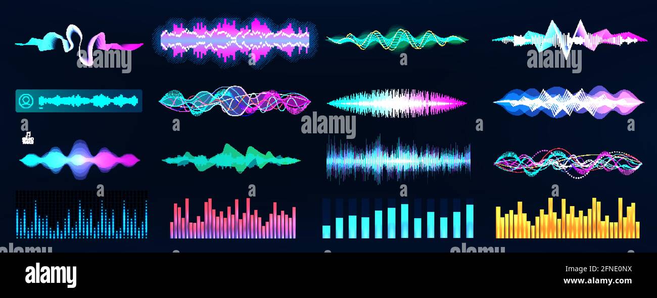 Schallwellen- und Sprachaufzeichnungen. Futuristische Frequenzkurven und Musikwellen. Sprach- und Tonerkennung im HUD-Stil. Grafiksatz Stock Vektor