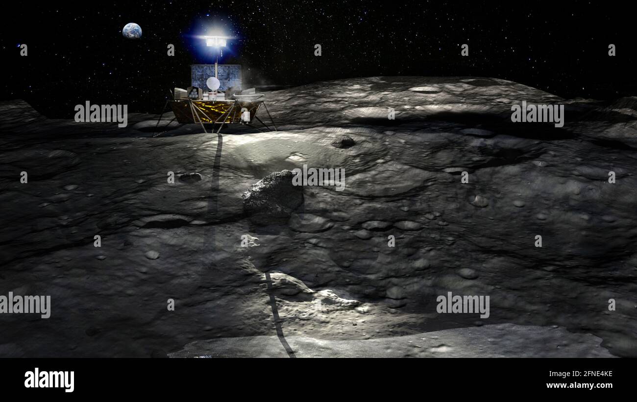 Mondrover auf der Mondoberfläche beleuchtet die Krater. Planet Erde in der Ferne sichtbar. Konzept der Weltraumforschung. Elemente dieses Bildes furni Stockfoto
