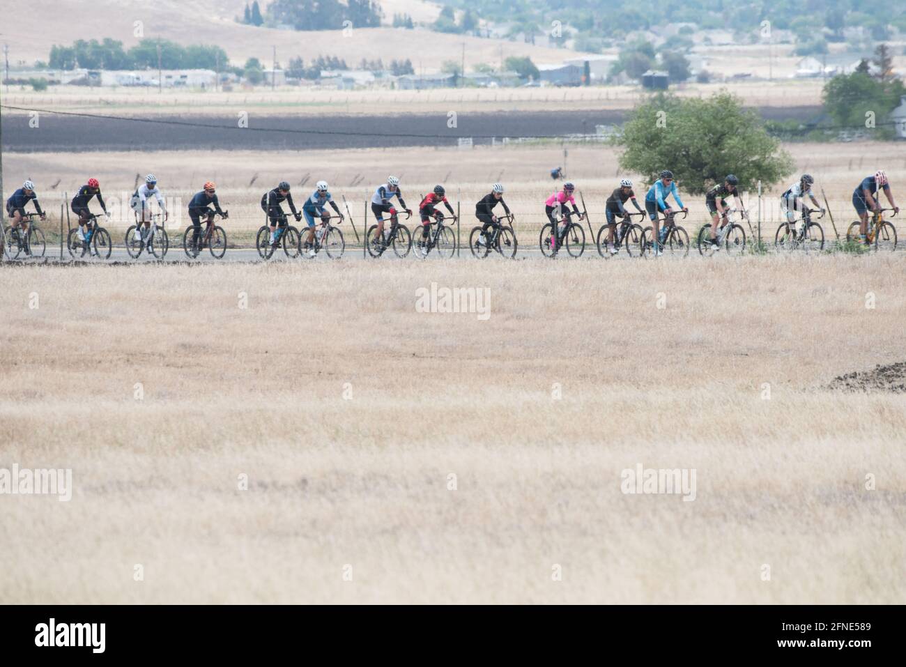 Ein Bikeclub fährt über einen flachen Teil der Straße in der Region East Bay von Kalifornien. Die Radfahrer Reihen sich in einer Reihe auf ihren Rädern an. Stockfoto