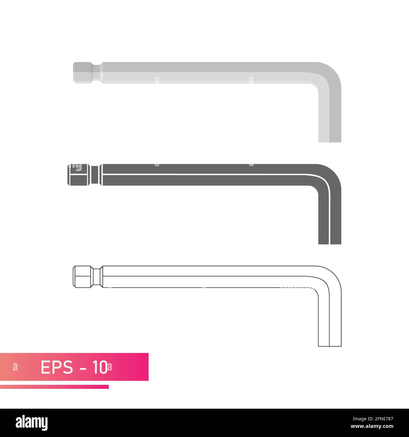 Set, Sechskantschlüssel für den Spezialisten. Lineares, solides und realistisches Design. Auf weißem Hintergrund. Flache Vektorgrafik. Stock Vektor