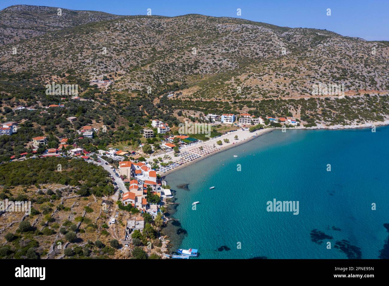 Luftaufnahme des Strandes von Psili Ammos, Samos, Griechenland Stockfoto