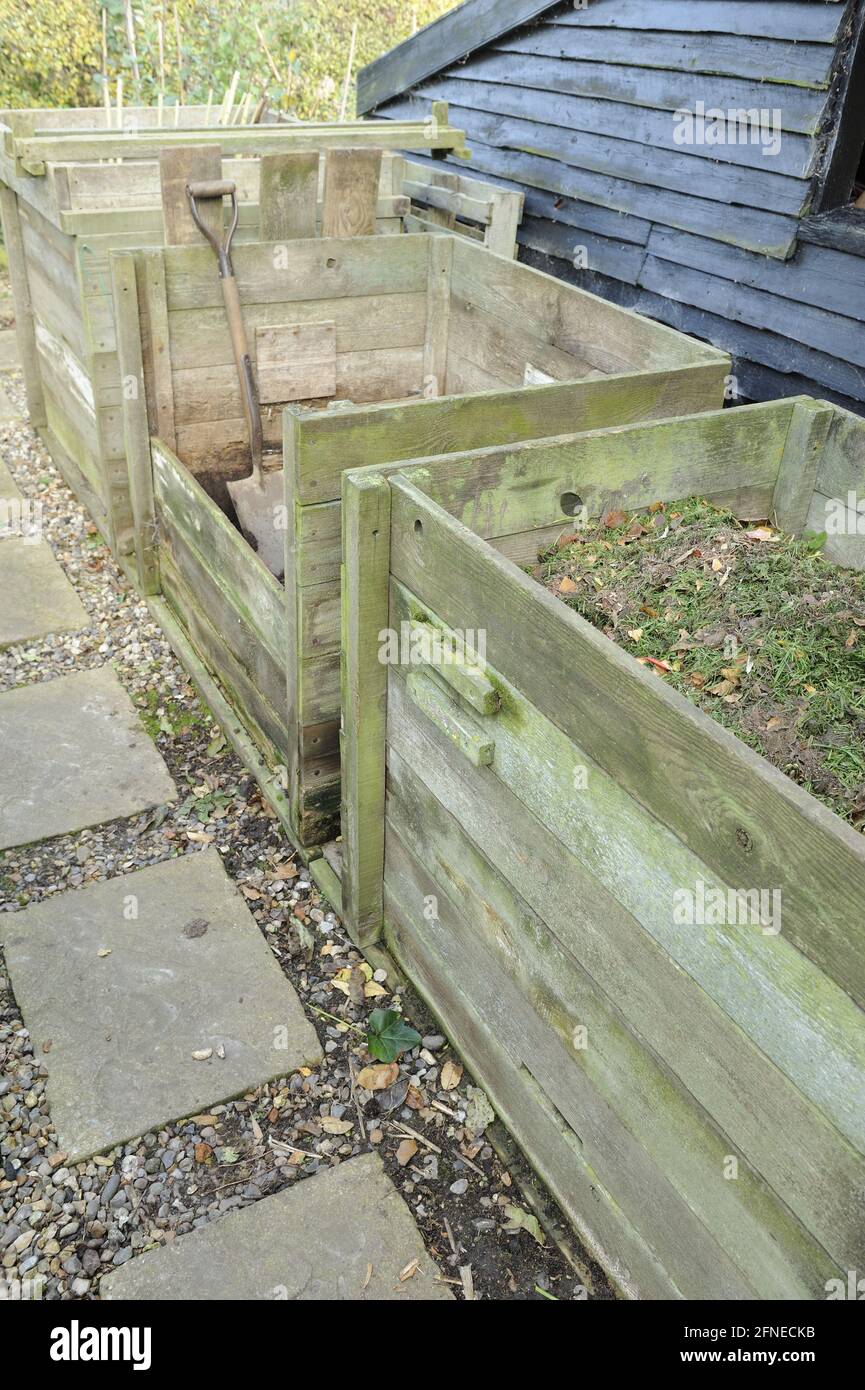 Gartenkompost, Holzkompostbehälter hinter Gartenkompost, Norfolk, England, Großbritannien Stockfoto