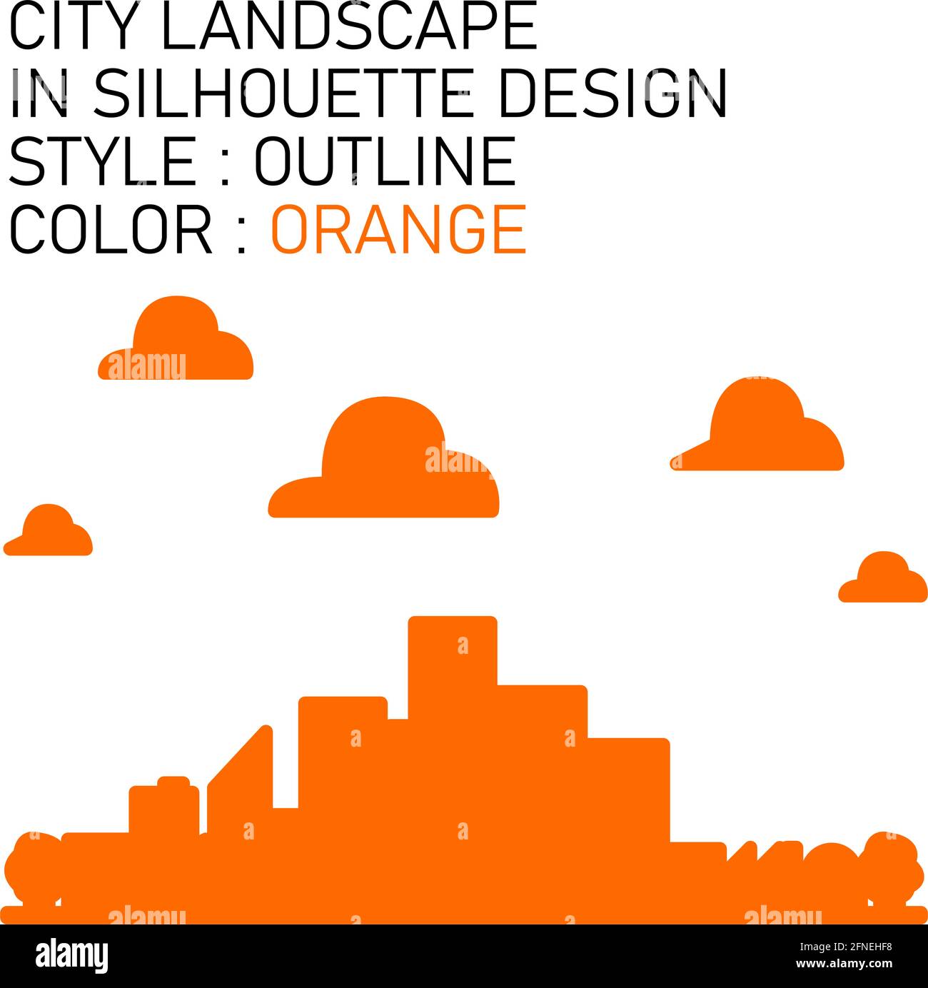 Stadtlandschaft im Silhouettendesign mit orangen Linien, orangefarbenen Füllungen, orangefarbenen Umrissen. Stock Vektor