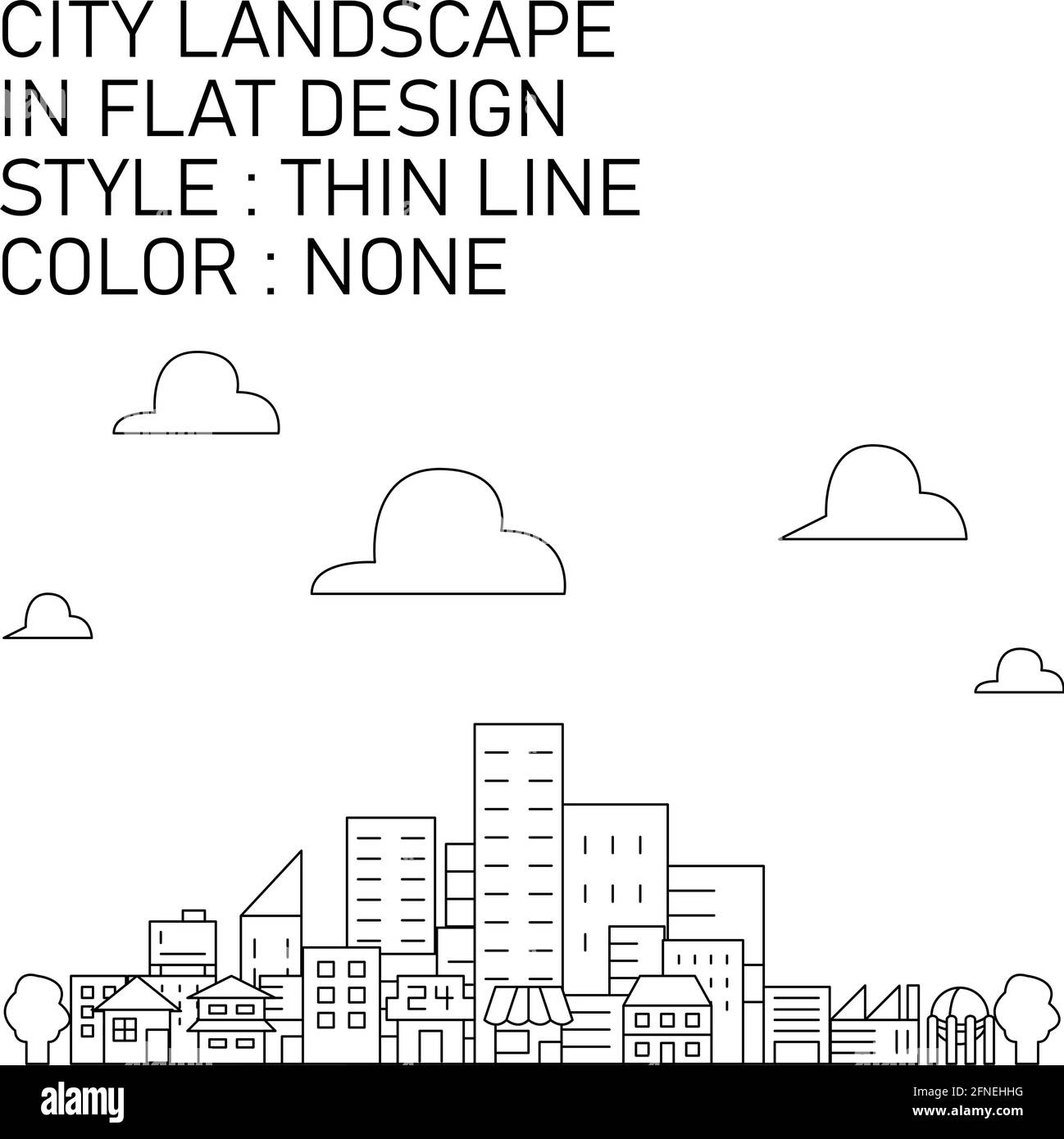 Stadtlandschaft in flachem Design mit schwarzen dünnen Linien, weißen Füllungen. Stock Vektor