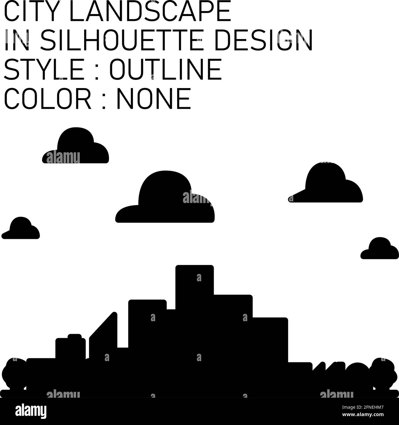 Stadtlandschaft im Silhouette-Design mit schwarzen Linien, schwarzen Fills, schwarzen Umrissen. Stock Vektor