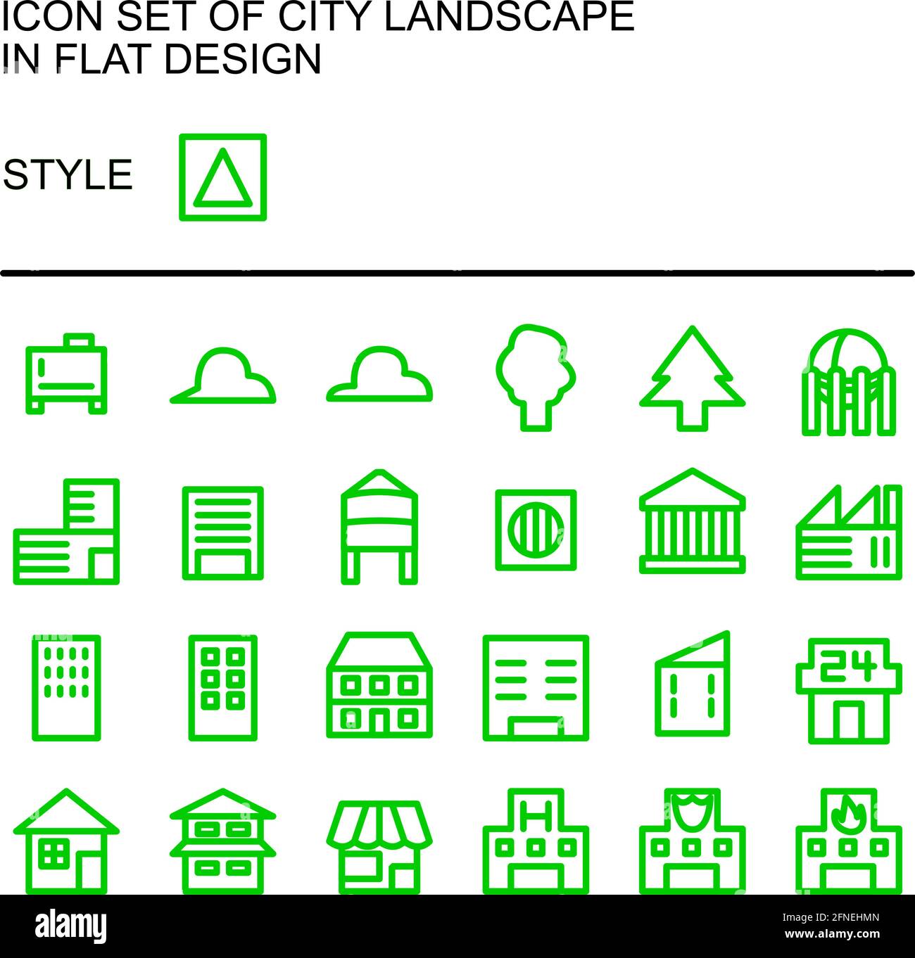Symbol für die Stadtlandschaft in flachem Design mit grünen Linien und weißen Füllungen. Stock Vektor