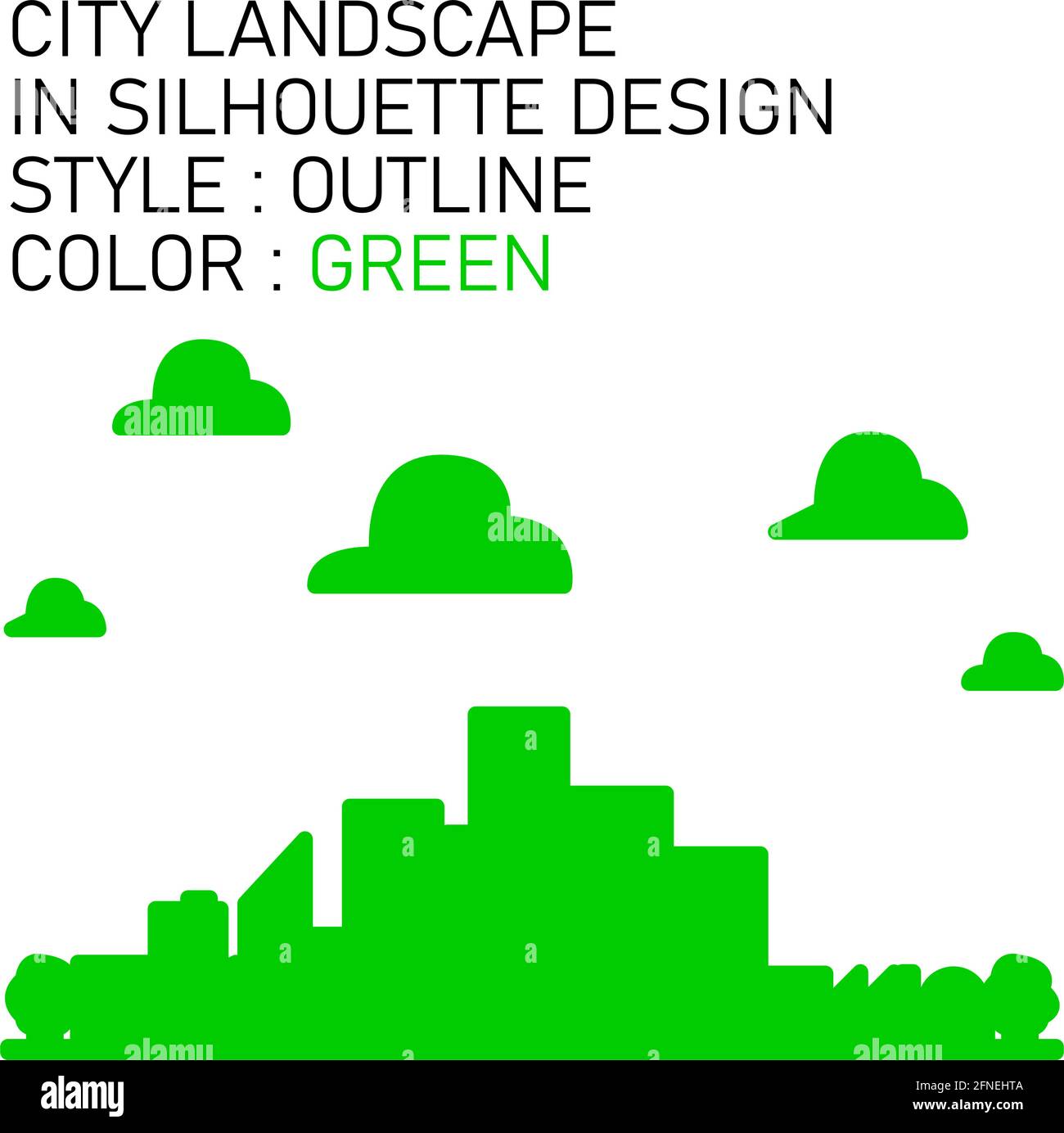 Stadtlandschaft im Silhouette-Design mit grünen Linien, grünen Fills, grünen Umrissen. Stock Vektor