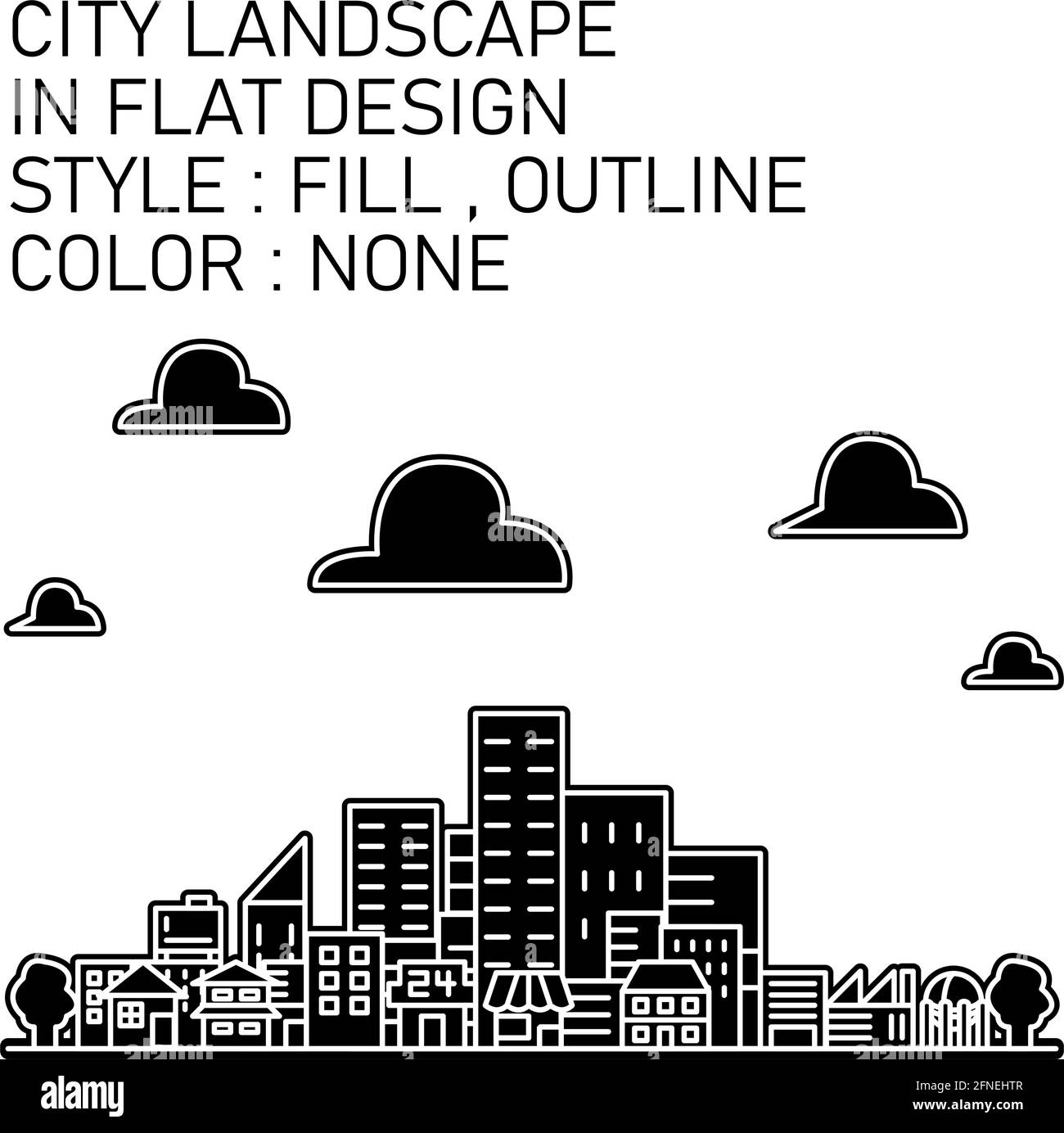 Stadtlandschaft im Silhouettendesign mit weißen Linien, schwarzen Flächen, schwarzen Umrissen. Stock Vektor