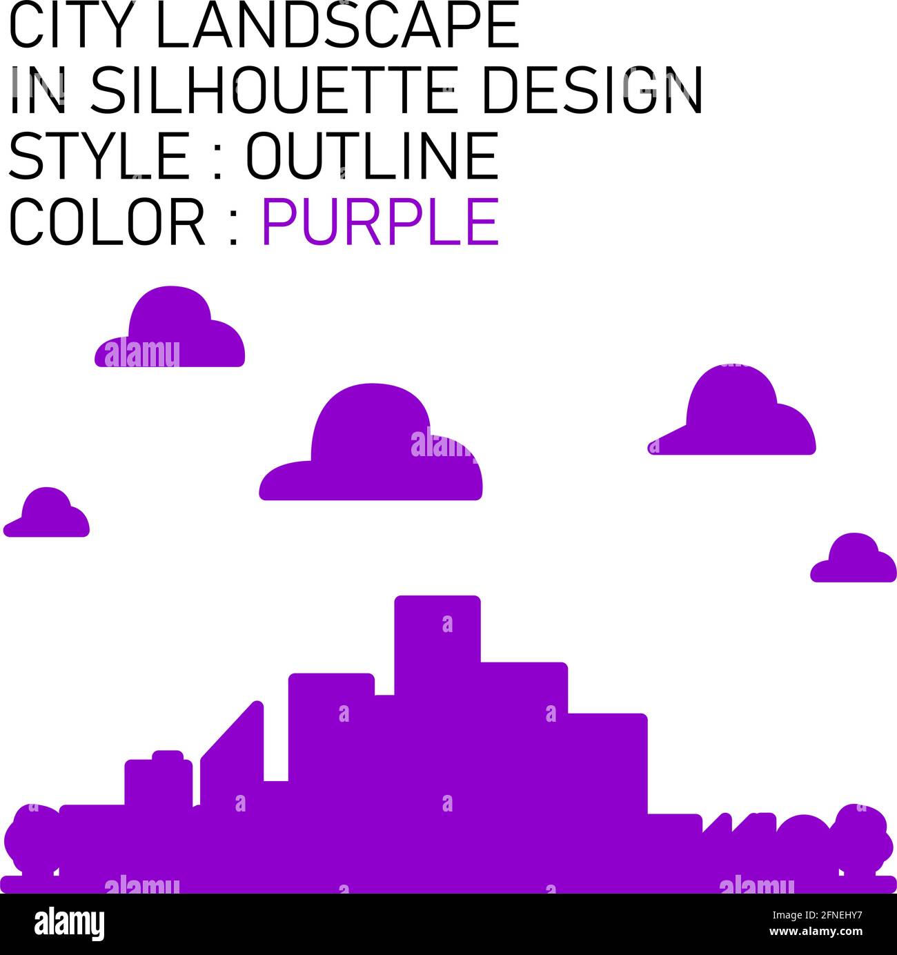 Stadtlandschaft im Silhouette-Design mit violetten Linien, violetten Füllungen, violetten Umrissen. Stock Vektor