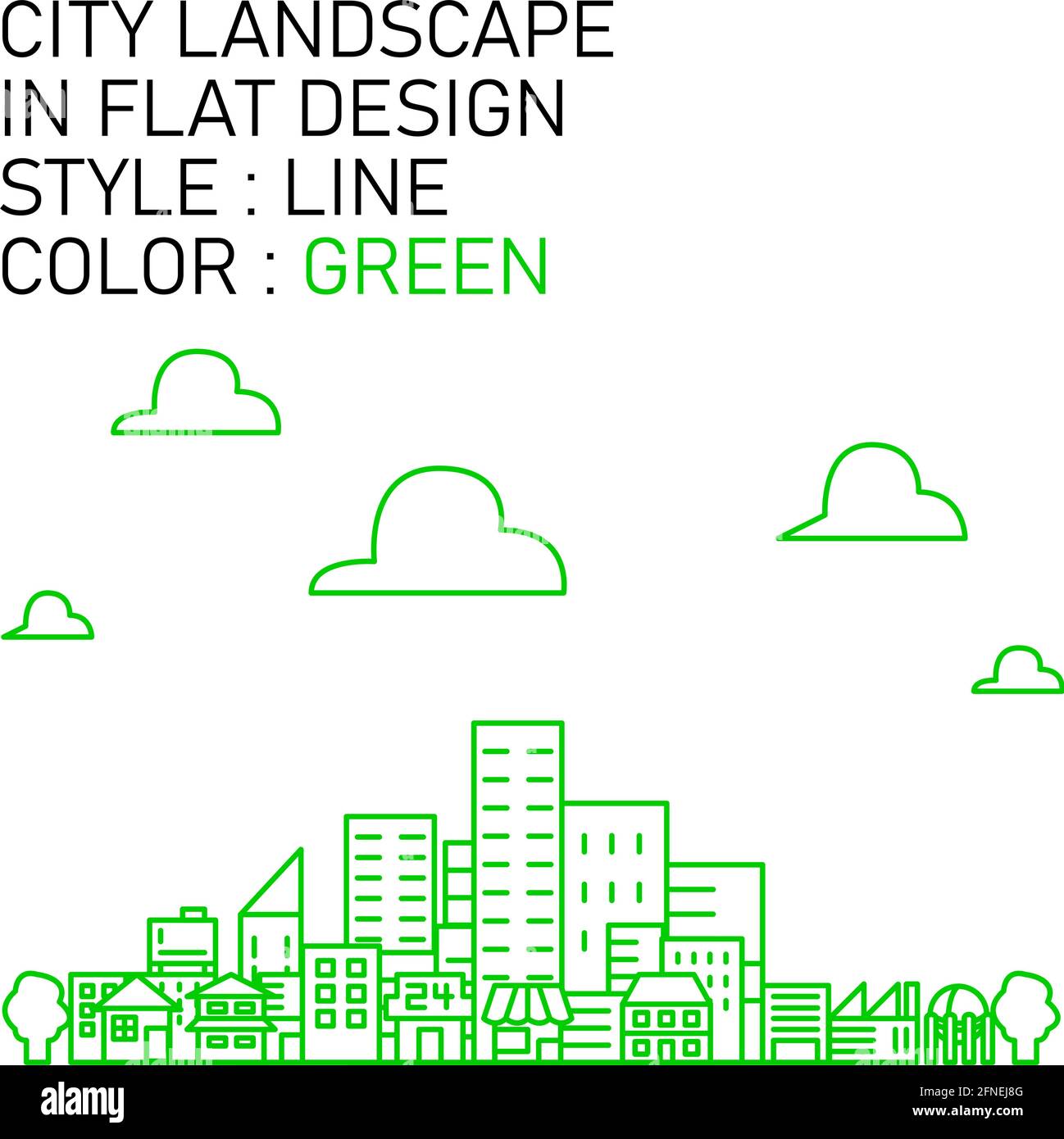 Stadtlandschaft in flachem Design mit grünen Linien, weißen Füllungen. Stock Vektor