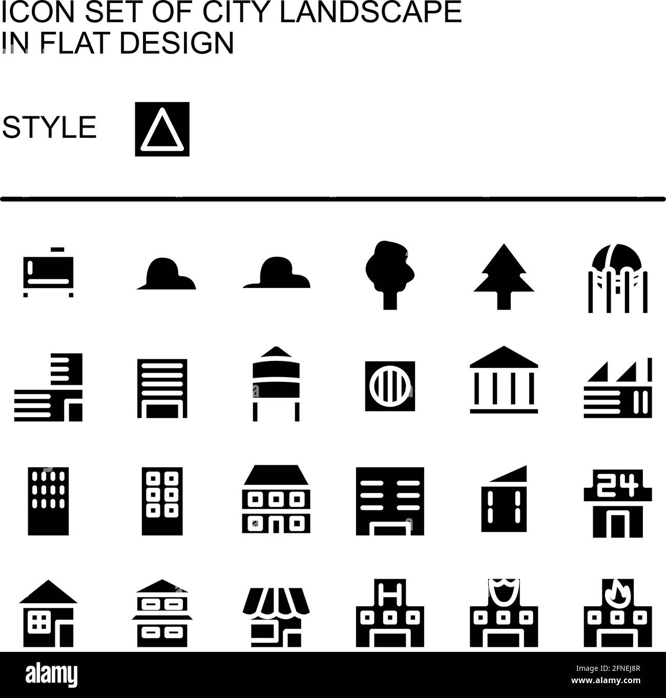 Symbol für die Stadtlandschaft in flachem Design mit weißen Linien und schwarzen Füllungen. Stock Vektor