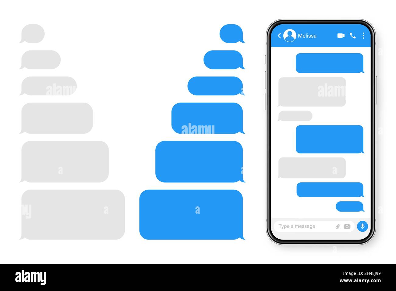 Realistisches Smartphone mit Messaging-App. Leerer SMS-Textrahmen. Chat-Bildschirm des Messenger mit blauen Nachrichtenblasen. Social-Media-Anwendung. Vektor Stock Vektor