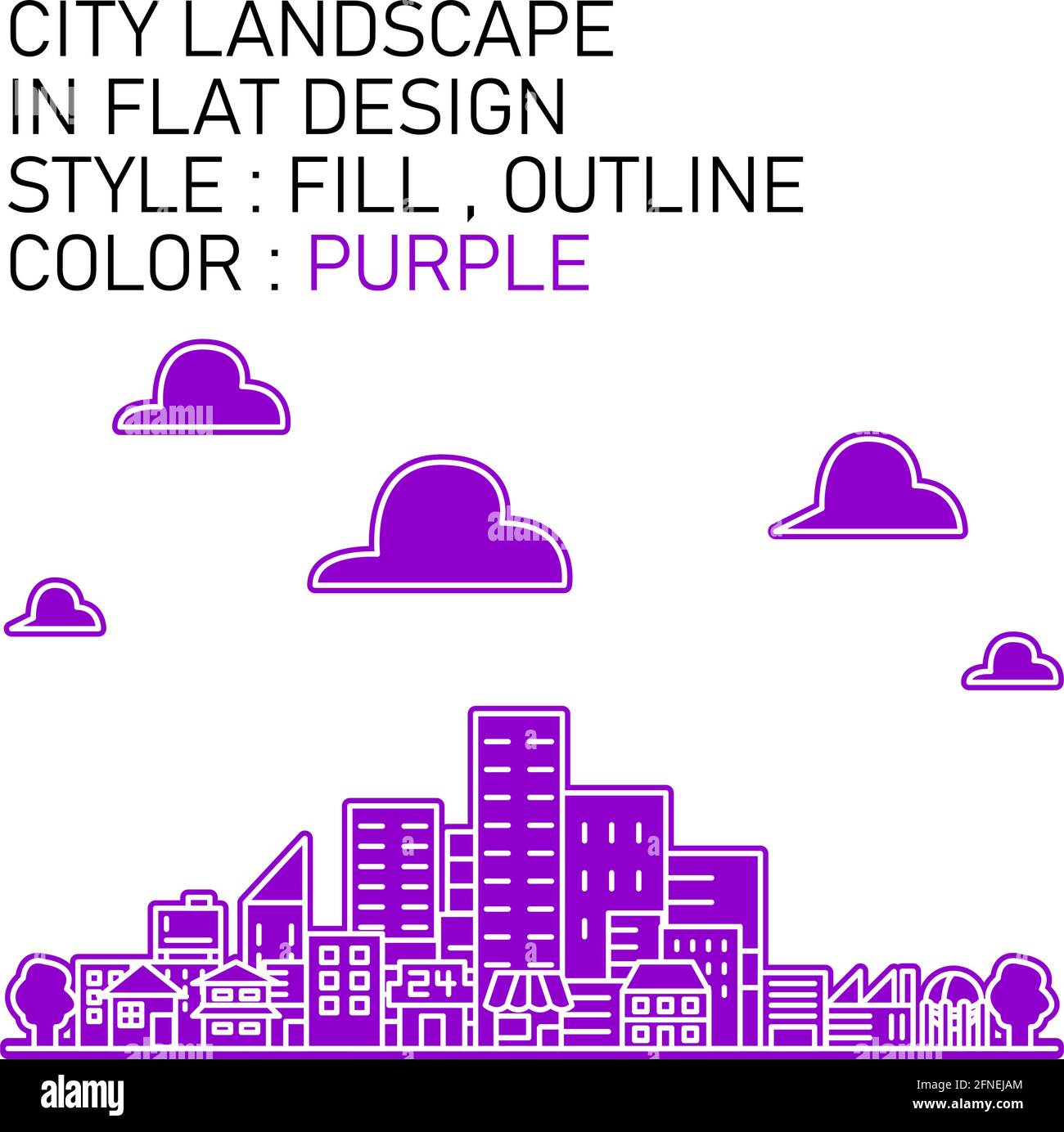 Stadtlandschaft im Silhouettendesign mit weißen Linien, violetten Füllungen, violetten Umrissen. Stock Vektor