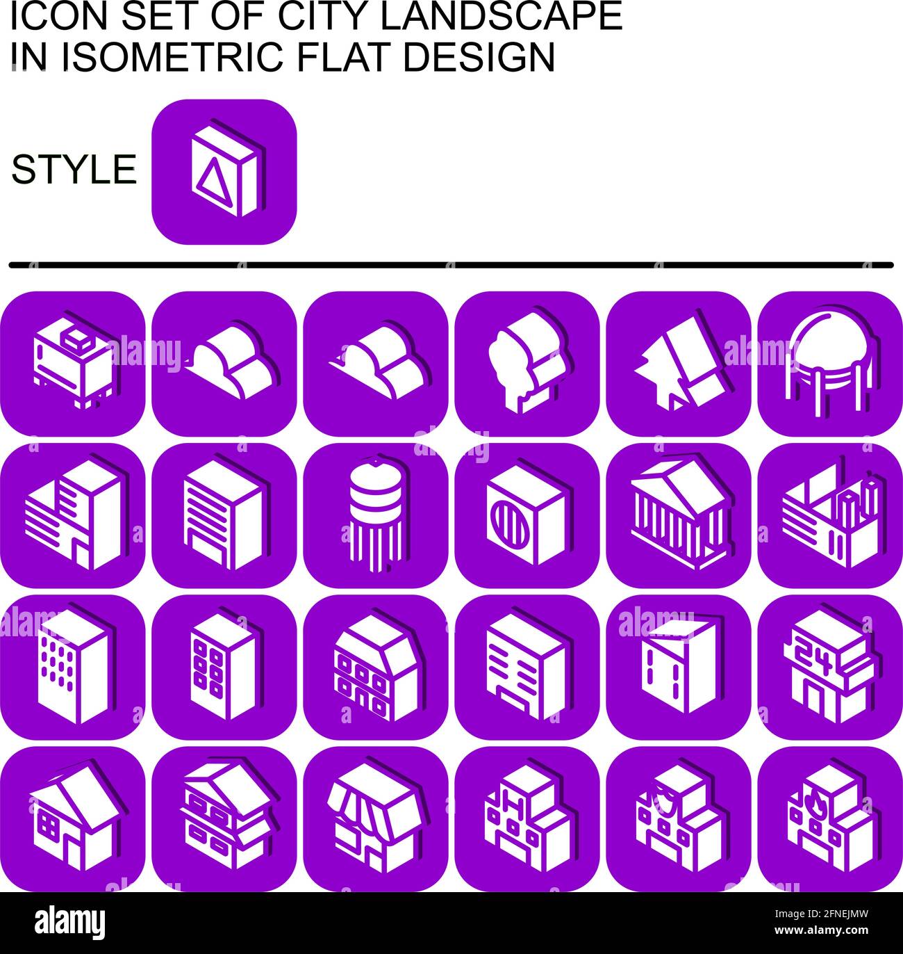 Symbol für die Stadtlandschaft in isometrischem, flachem Design mit violetten Linien, weißen Füllungen, Schlagschatten auf einem runden Quadrat aus violetter Linie und violettem Füllhintergrund Stock Vektor