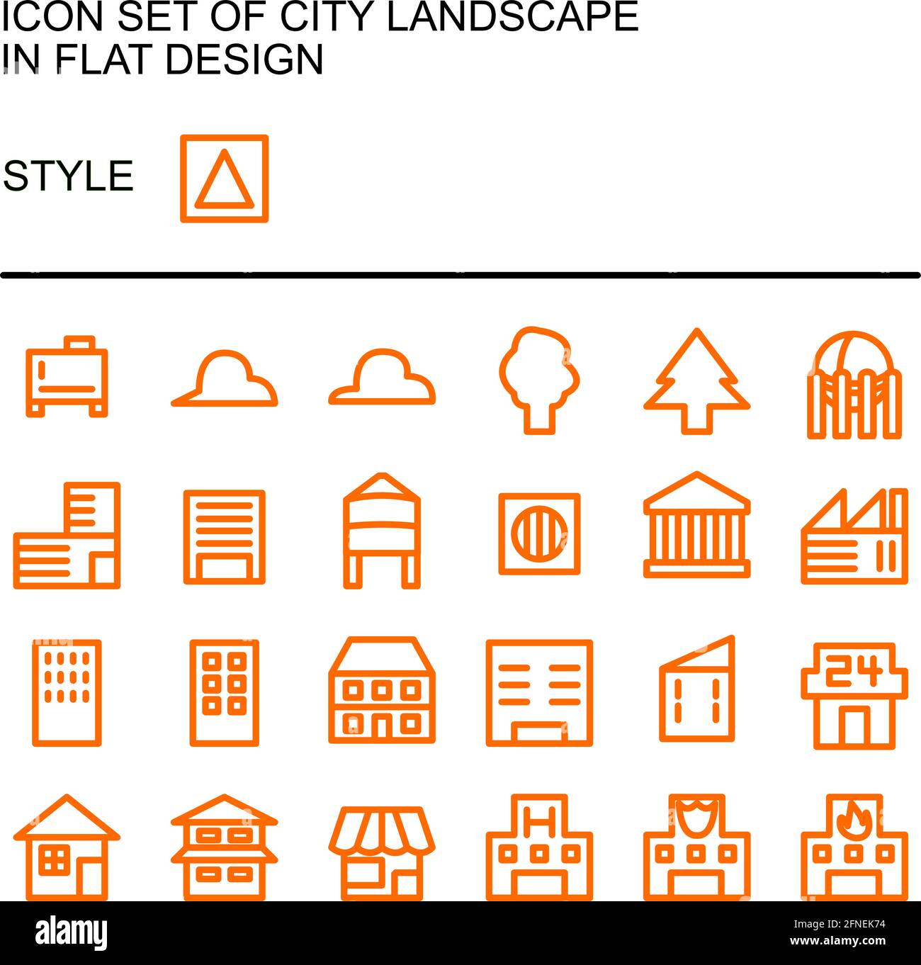 Symbol für die Stadtlandschaft in flachem Design mit orangefarbenen Linien und weißen Füllungen. Stock Vektor
