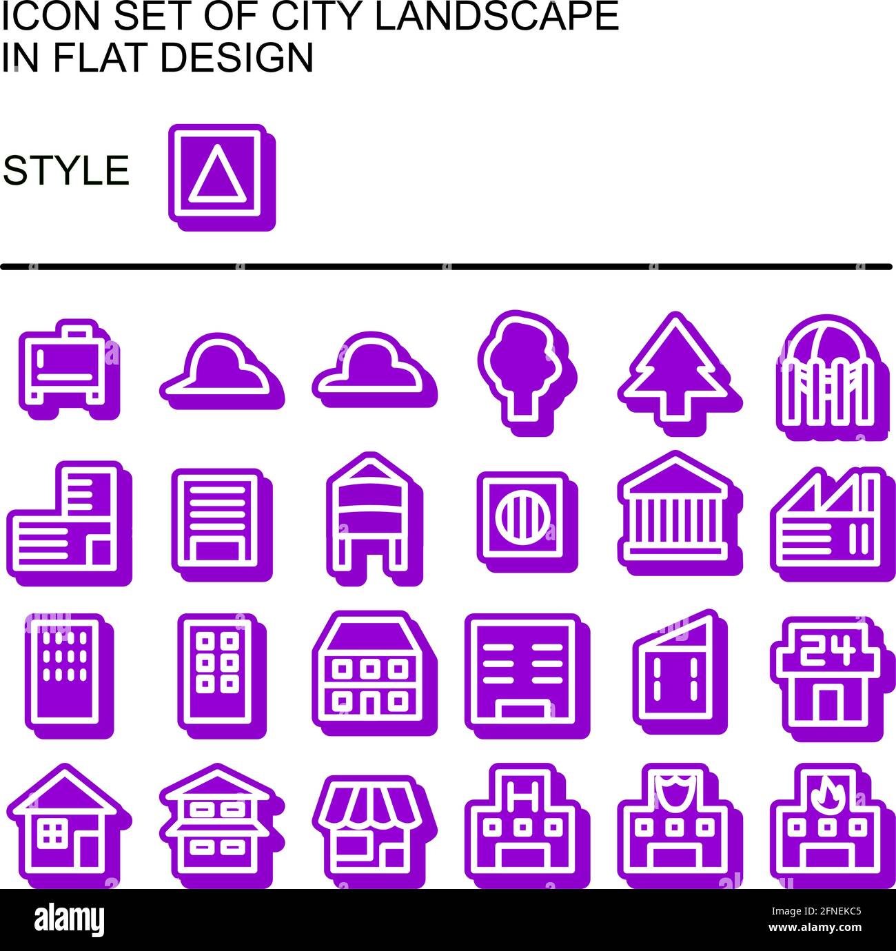 Symbol für die Stadtlandschaft in flachem Design mit weißen Linien, violetten Füllungen und violetten Umrissen. Stock Vektor