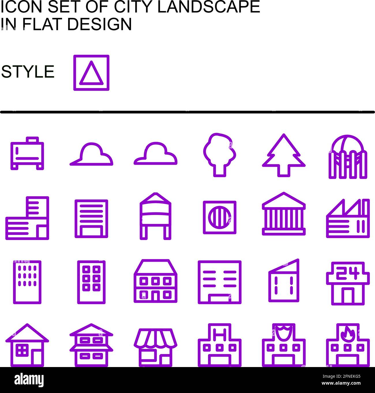 Symbol für die Stadtlandschaft in flachem Design mit violetten Linien und weißen Füllungen. Stock Vektor