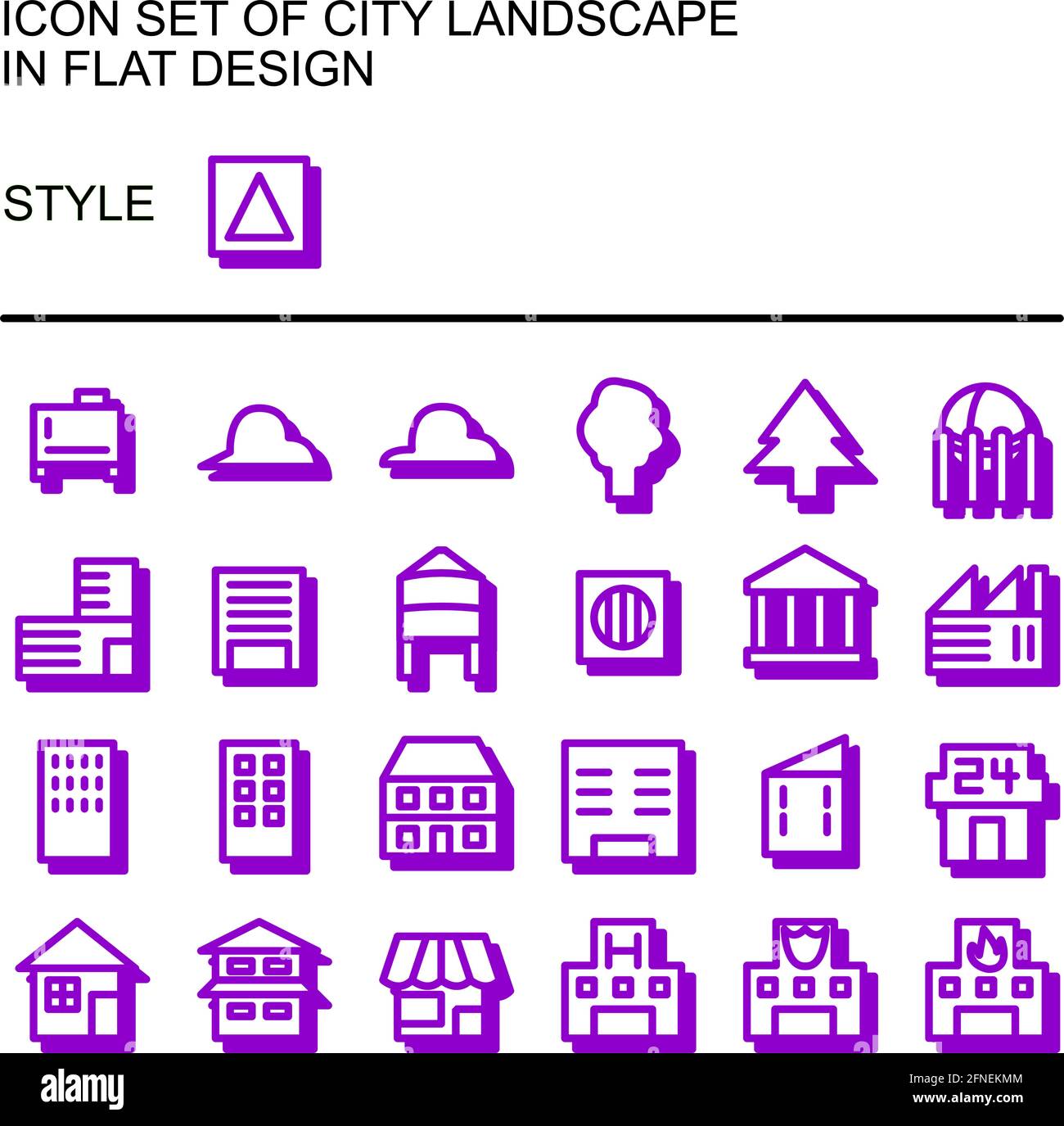 Stadtlandschaft Symbol in flachem Design mit violetten Linien, weißen Füllungen, Drop Shadow of the Purple gesetzt. Stock Vektor