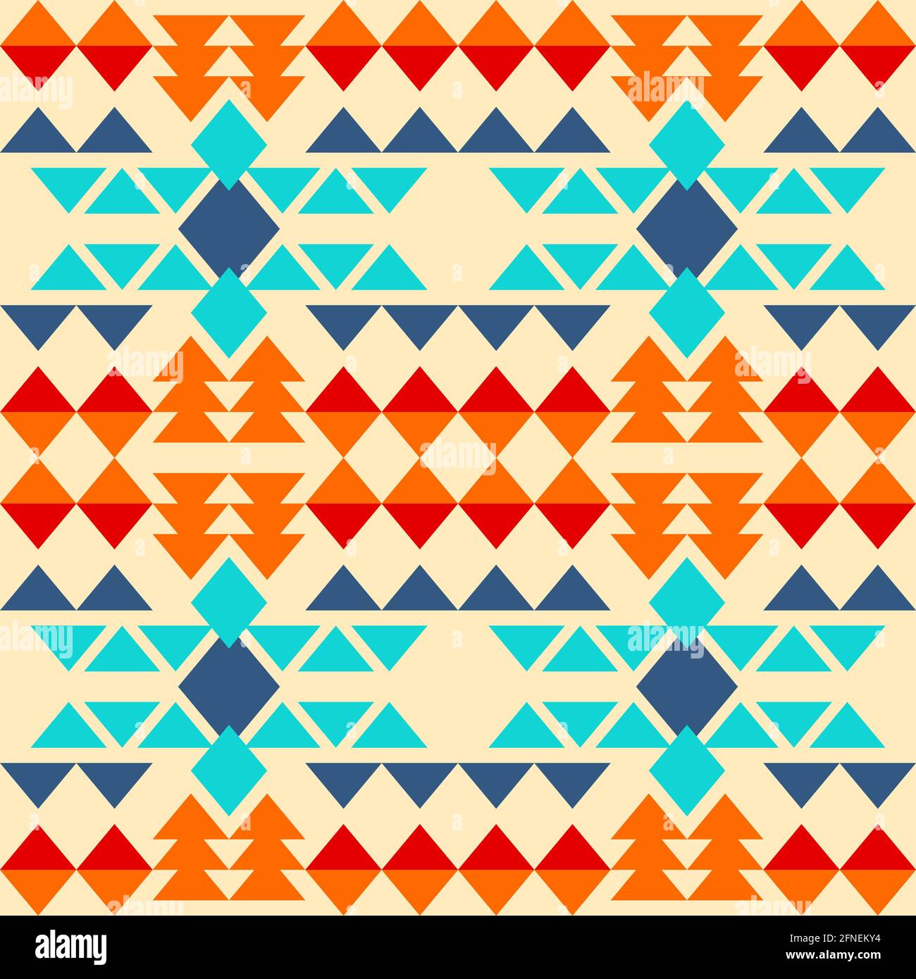 Native american nahtlose Muster von Rauten und Dreieck-Kombinationen in voller Farbe, blau, hellblau, orange, rot orange, Cremefarbener Hintergrund. Stock Vektor