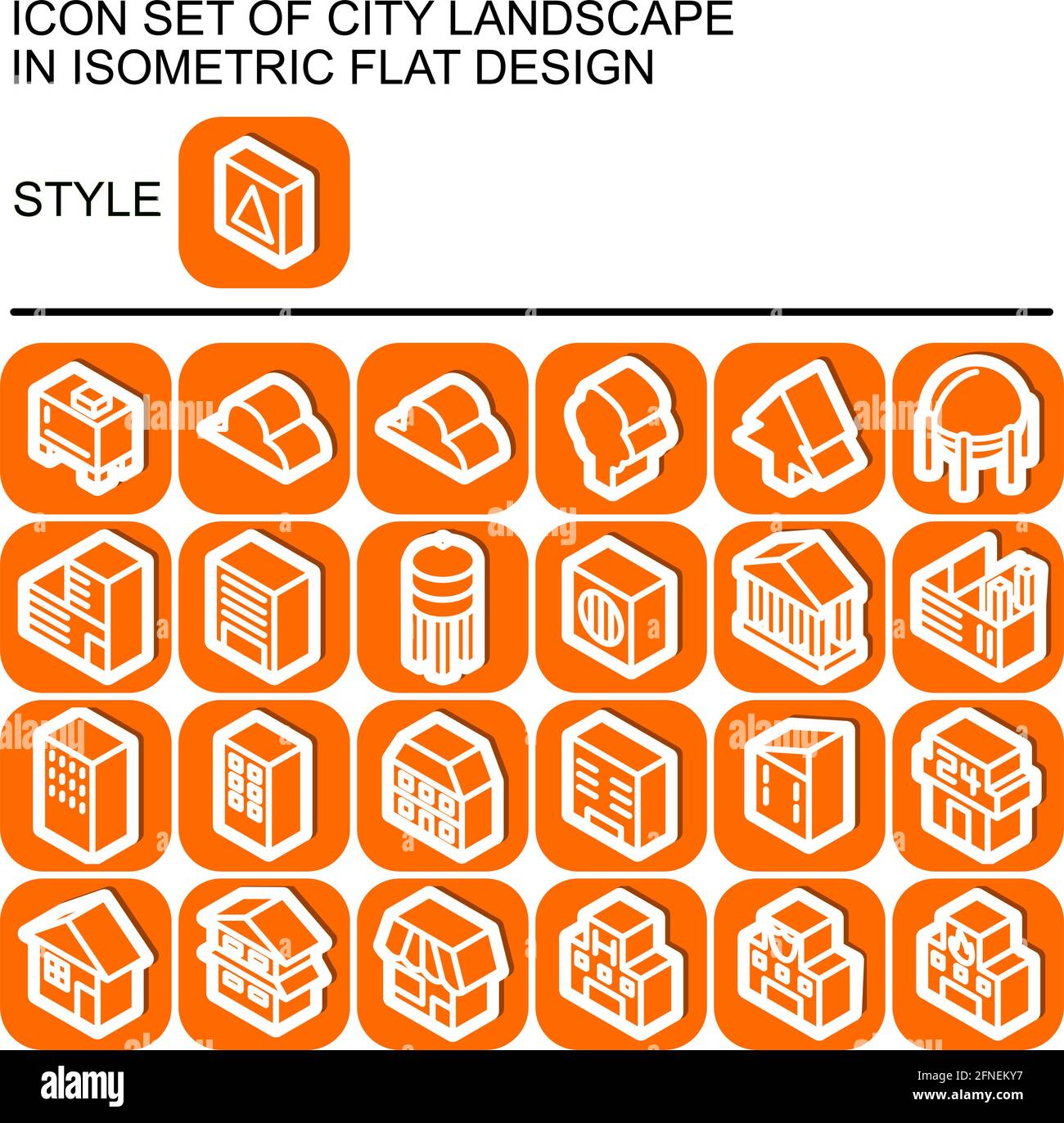 Symbol für die Stadtlandschaft in isometrischem, flachem Design mit weißen Linien, orangefarbenen Füllungen, Schlagschatten auf einem runden Quadrat aus orangefarbener Linie und orangefarbener Füllung Stock Vektor