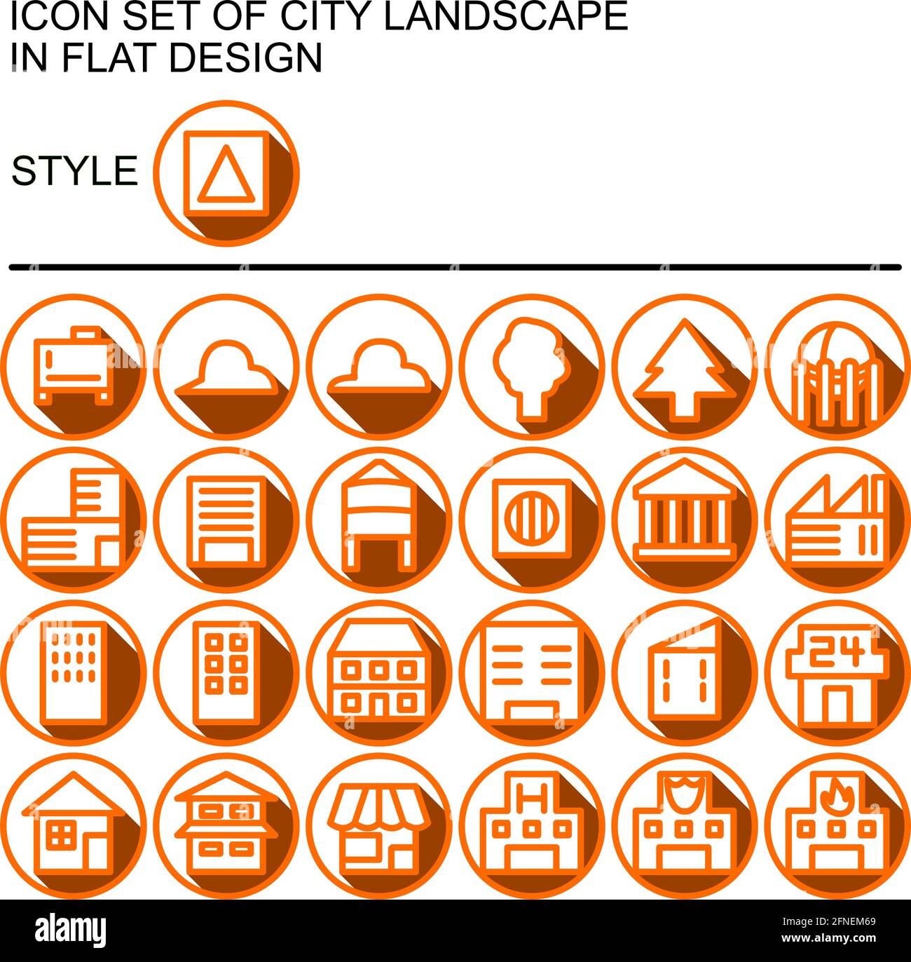 Symbol für die Stadtlandschaft in flachem Design mit orangefarbenen Linien, weißen Flächen, flachem Schatten auf einem Kreis aus orangefarbenen Linien und weißem Hintergrund. Stock Vektor