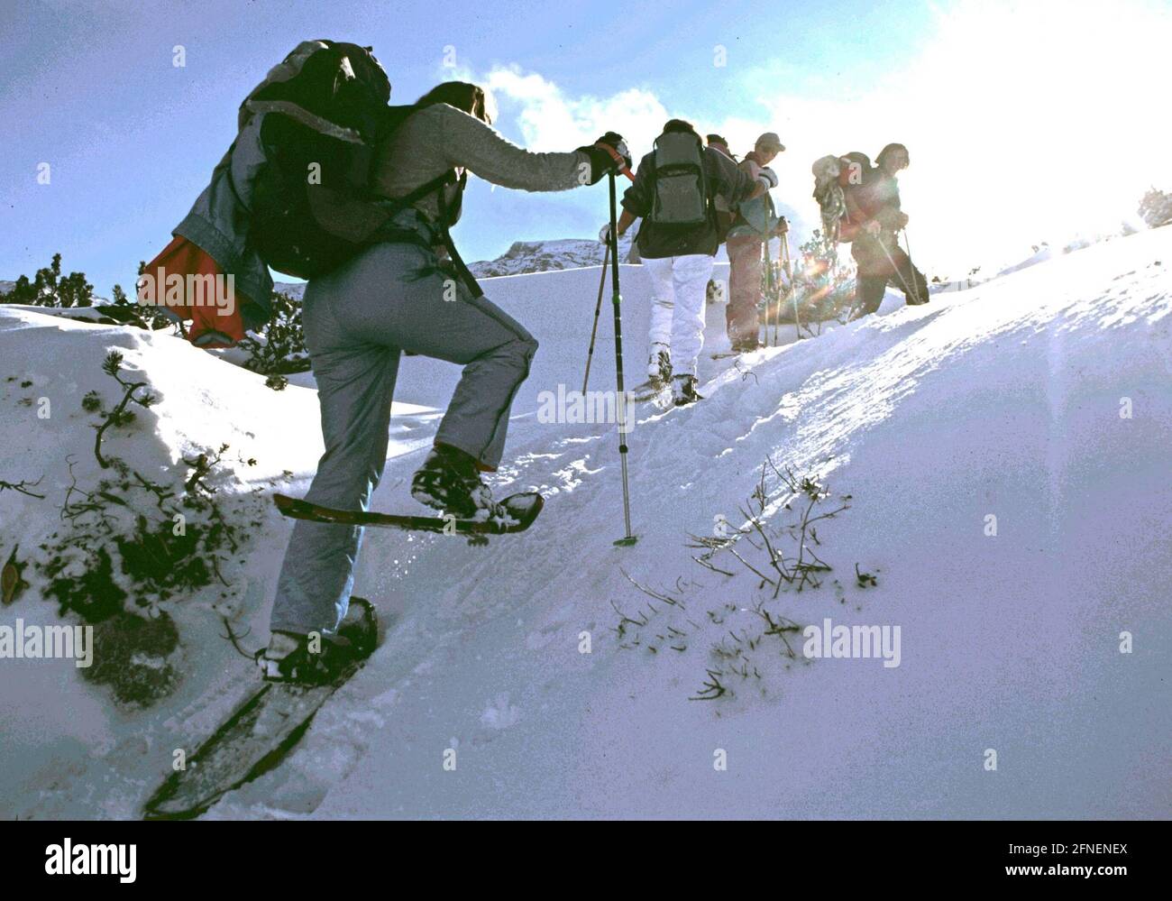 Schneeschuhwandern wird auch in deutschen Wintersportgebieten, hier oberhalb des Schliersee, immer beliebter.n Stockfoto