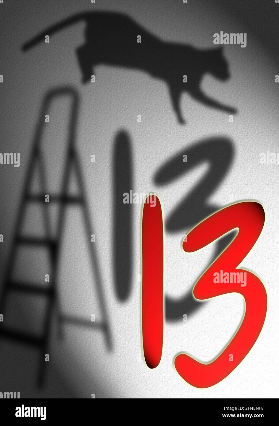 Viel Glück am Freitag, dem 13. November 1998, wenn schwarzen Katzen besonderer Respekt entgegengebracht wird und sogar stabile Leitern einen breiten Liegeplatz bekommen, ist es wirklich nur das Datum, das schuld ist - Freitag, der dreizehnte. [Automatisierte Übersetzung] Stockfoto