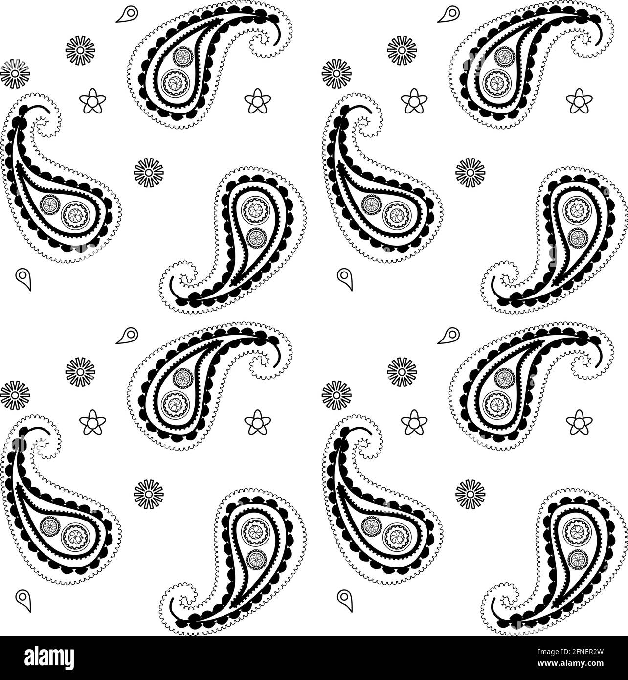 Traditionelles indisches Muster, bekannt als Paisley, nahtlos mit Schwarz und Weiß. Stock Vektor