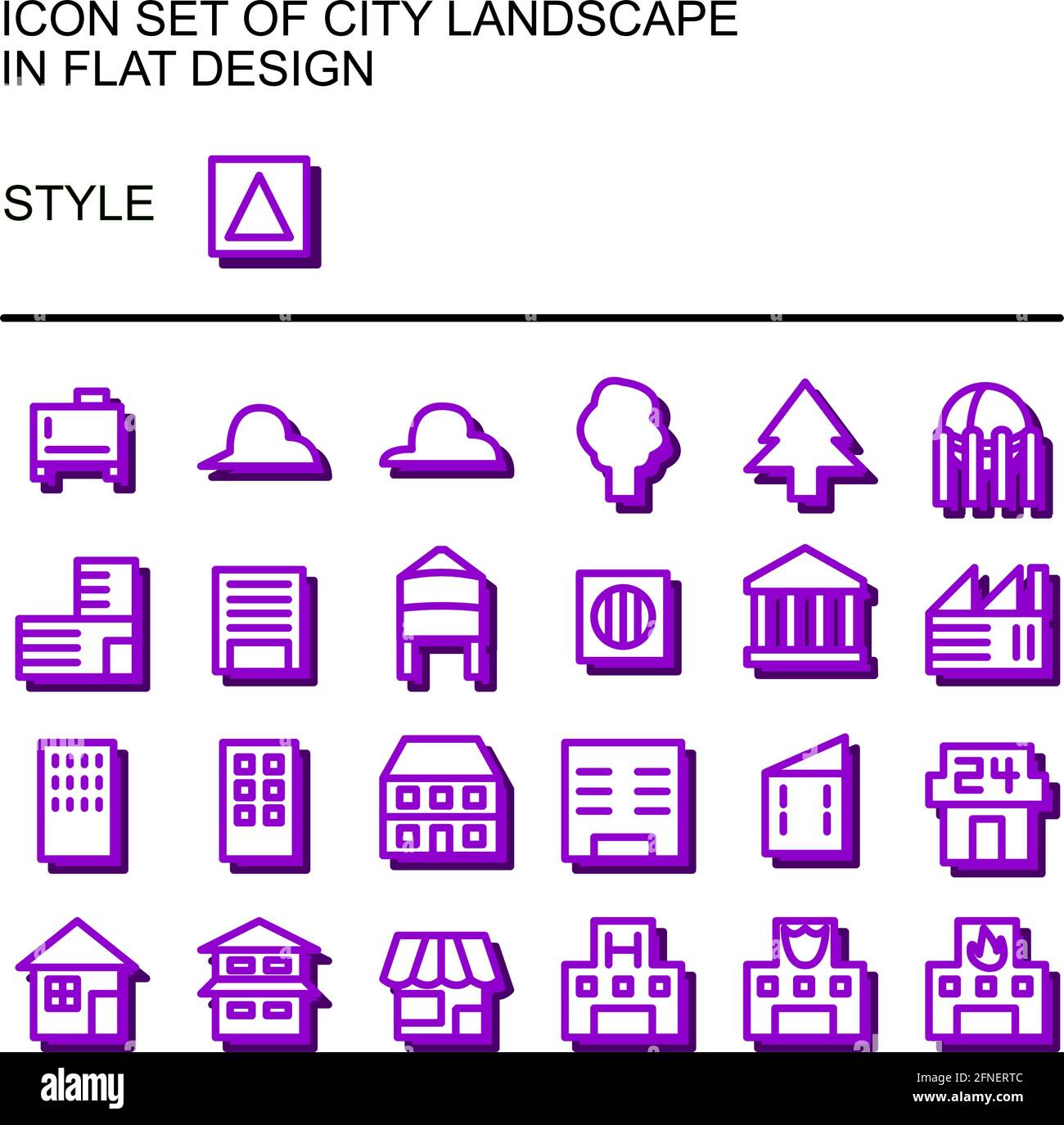 Symbol für die Stadtlandschaft in flachem Design mit violetten Linien, weißen Füllungen und Schlagschatten. Stock Vektor