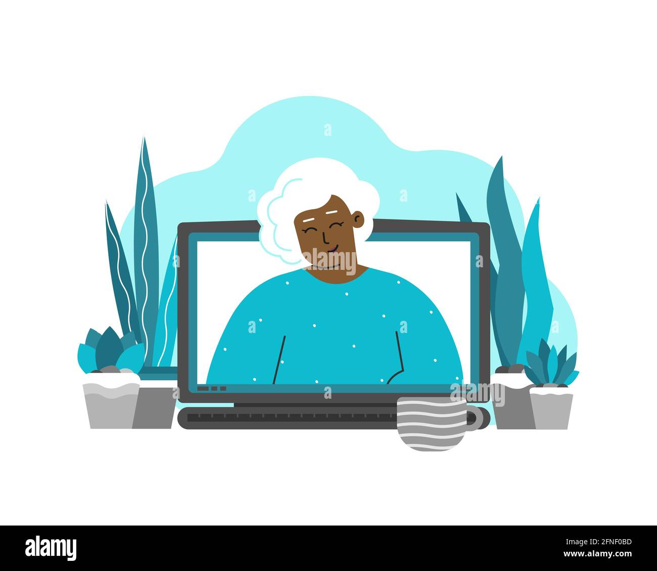 Vektor isoliert flache Illustration mit Display von Laptop und ältere afroamerikanische Großmutter auf dem Bildschirm. Online-Chat mit Freunden, Familie. Stock Vektor