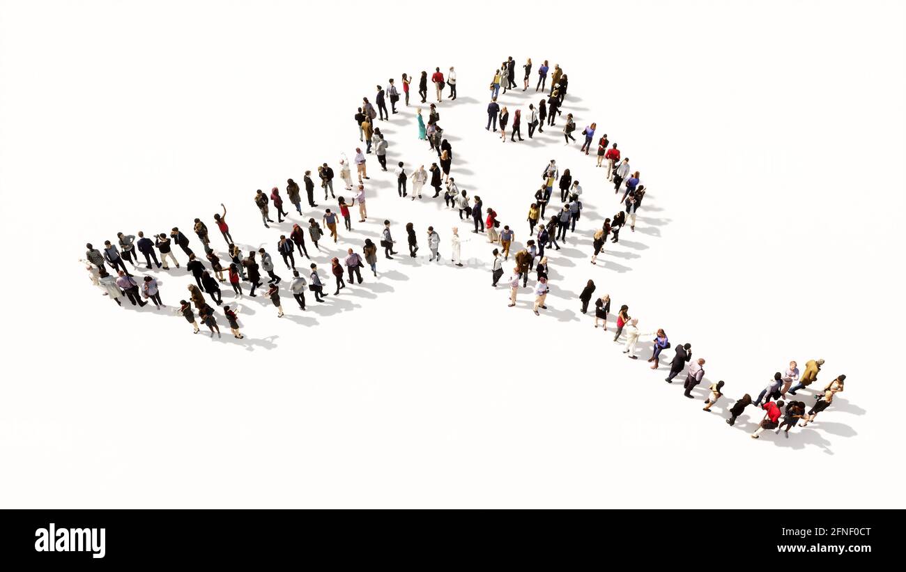 Konzept oder konzeptuelle große Gemeinschaft von Menschen, die das Bild eines Eishockeyspielers auf weißem Hintergrund bilden. Eine 3d-Illustration für Sport Stockfoto